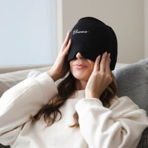 Woman wearing the TheraICE Headache Hat pulled over her eyes (official product image)