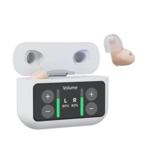Audien Atom X over-the-counter hearing aids with touchscreen charging case (official product image)